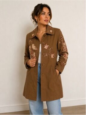 Friponne Women’s Brown Floral Embroidered Cotton Coat Jacket Estimated XS